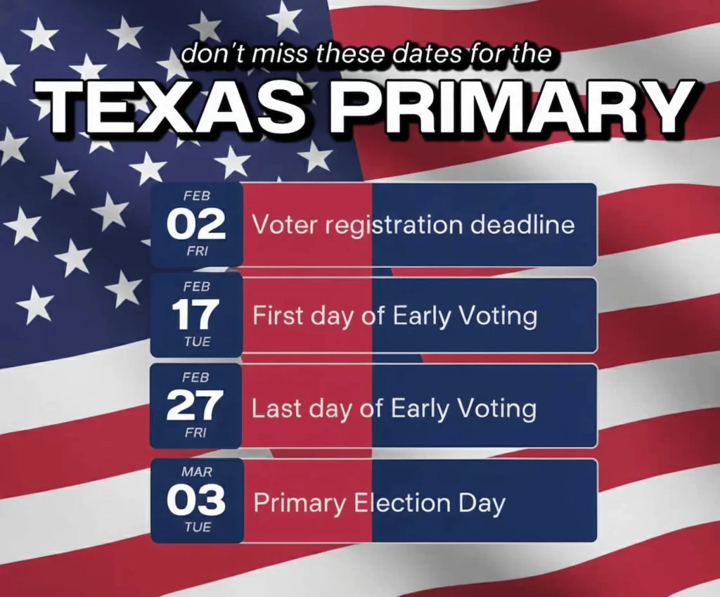Texas Primary 2026 key dates infographic for Michelle Barrientes Vela campaign featuring registration deadline Feb 2 early voting Feb 17 to Feb 27 and Primary Election Day March 3.